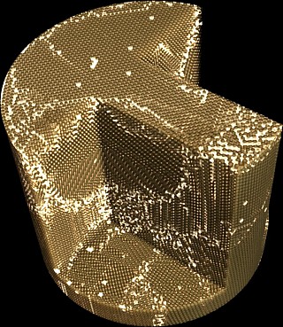 3D visualisation of a partially crystallised packing containing 200000 beads. Bright regions indicate the location of disordered aggregates of beads, which are placed at the boundaries of ordered domains.  