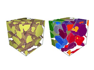 Segmentation of a 3D image of a sandstone rock (left) into a 3D binary image where each grain has been identified (right)