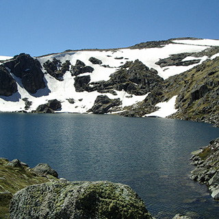 Glacially excavated Blue Lake in the Snowy Mountains of Australia